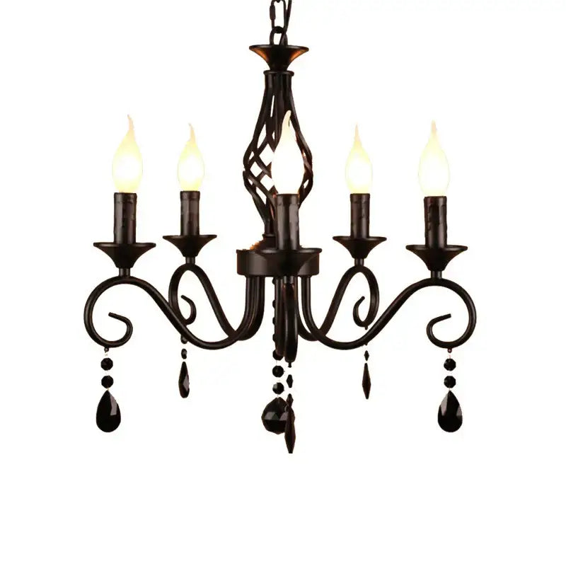 Black wrought iron decorbites crystal black chandelier with five candle style lights and dangling crystal pendants for dining room