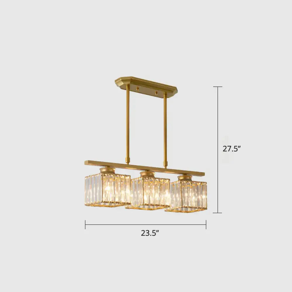 Gold-finished DecorBites crystal block 3-light pendant with rectangular crystal glass shades ceiling light for dining room