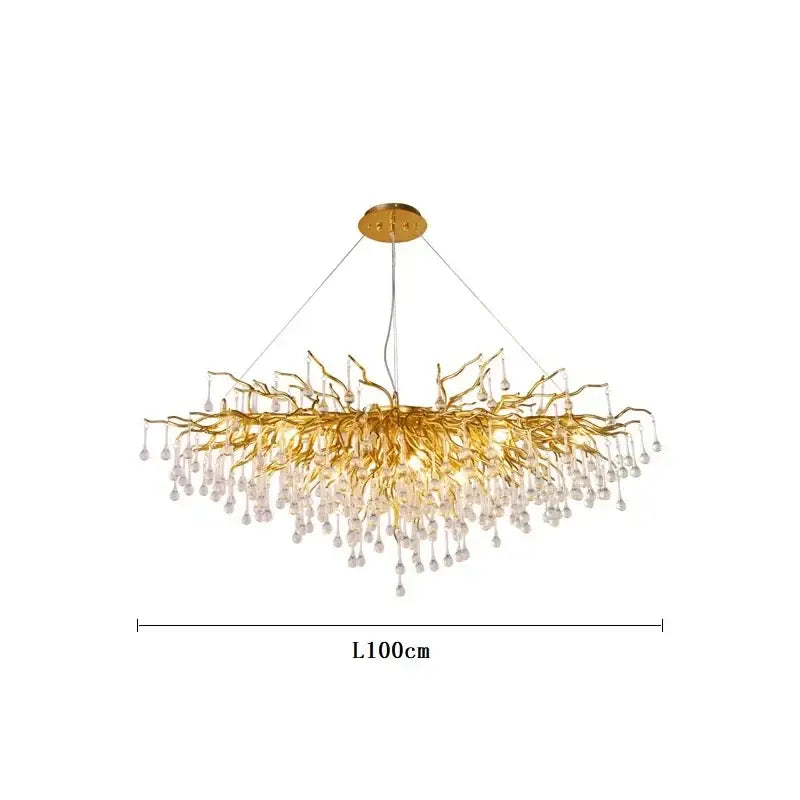 Golden decorbites crystal branch chandelier with dangling crystal droplets for living room led pendant light