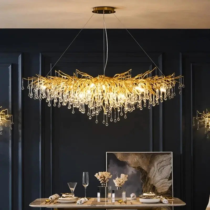 Golden decorbites crystal branch chandelier with dangling crystal droplets for living room led pendant light