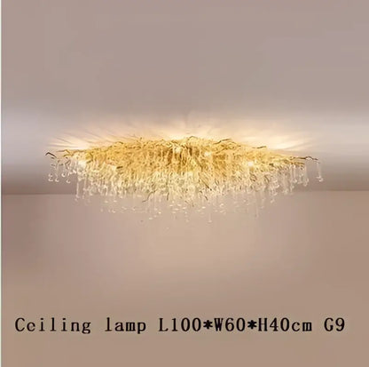 Golden decorbites crystal branch chandelier with cascading glass droplets and sunburst design for living room lighting