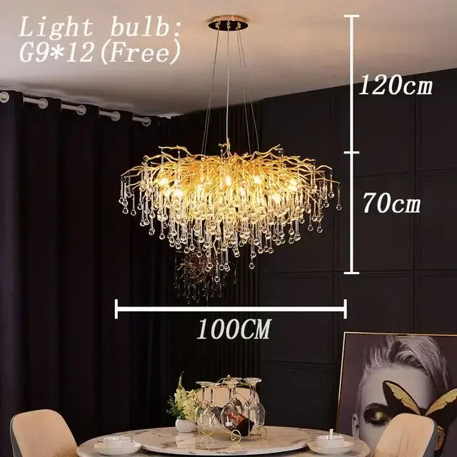 Golden decorbites crystal branch chandelier with dangling crystal droplets for living room led pendant light