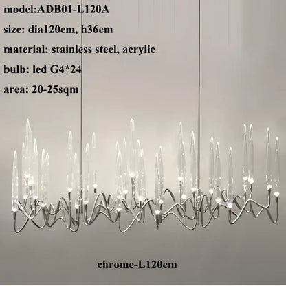 Chrome-finished stainless steel and acrylic decorbites crystal branch chandelier with 24 led bulbs in modern wave design