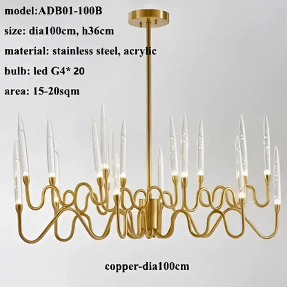 Gold-toned decorbites crystal branch chandelier with slender curved arms and clear acrylic bulbs for dining room lighting