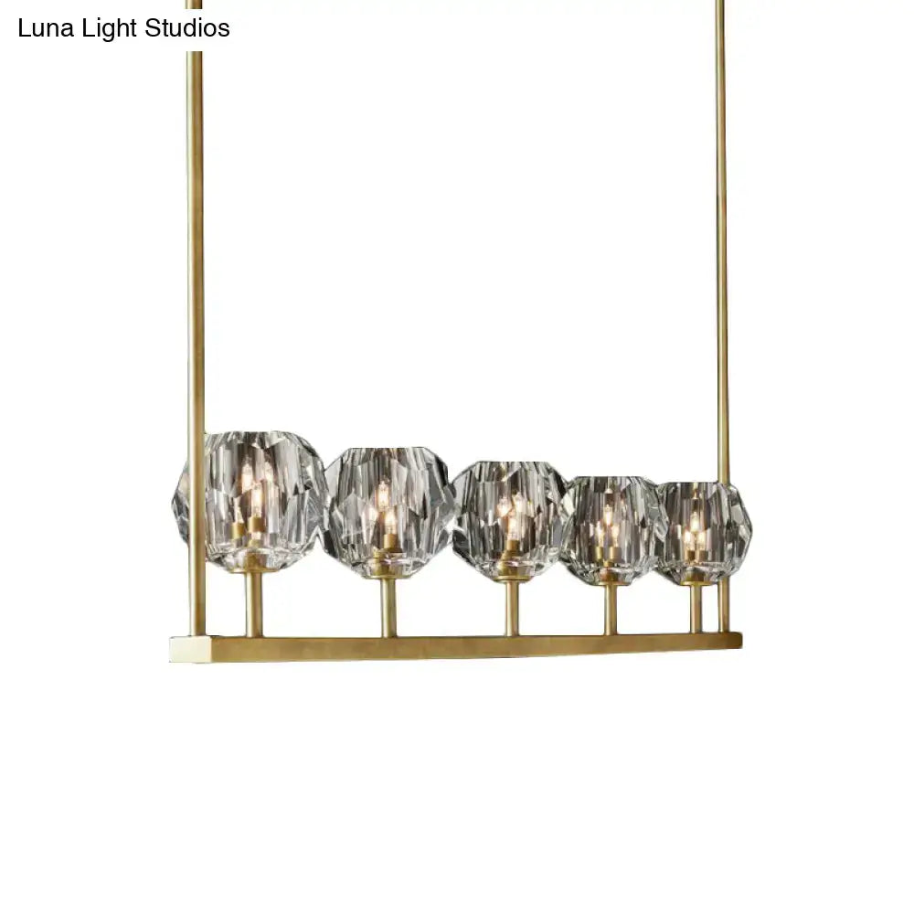 Decorbites crystal brass island ceiling suspension lamp with five faceted crystal glass shades and brass finish