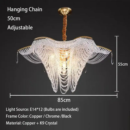 Elegant copper and k9 crystal decorbites crystal butterfly gold tassel chandelier with cascading tiers for living room light