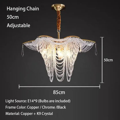 Elegant 50cm decorbites crystal butterfly gold tassel chandelier with cascading k9 crystal strands and copper frame for living room light