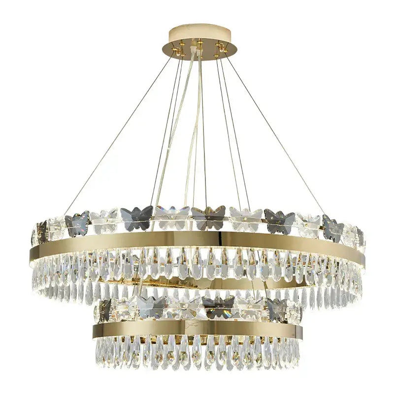 Gold-toned Decorbites crystal butterfly chandelier with two tiers of crystal droplets for butterfly living room luxury