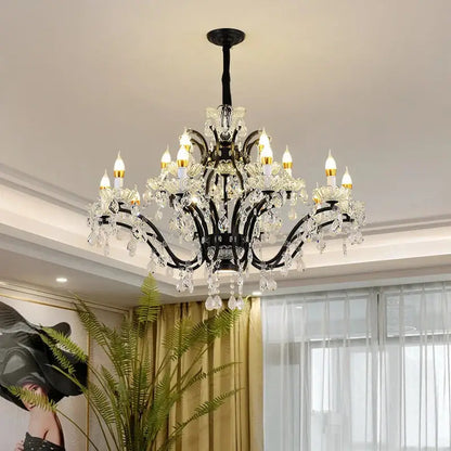 Elegant black wrought iron decorbites crystal candle chandelier with clear crystal droplets and candle-style bulbs for dining room
