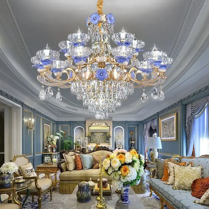 Decorbites crystal candle chandelier with gold metal arms clear crystal droplets and blue glass flowers for living room light