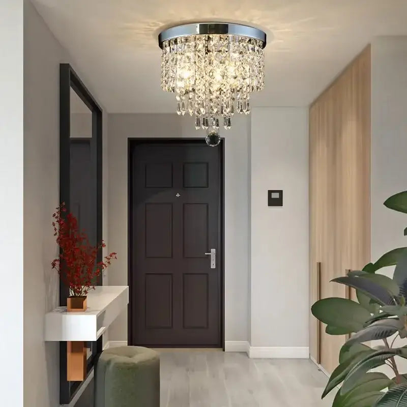 Decorbites crystal ceiling chandelier with chrome frame and cascading clear crystal droplets for luxury living room lighting