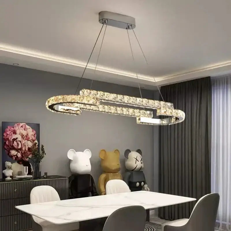 Modern silver-toned decorbites crystal ceiling chandelier with double-loop design for indoor living room and bedroom lighting