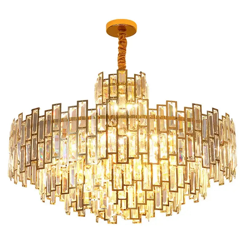 DecorBites crystal ceiling chandelier with golden cascading rectangular crystal prisms and twisted brass chain for home decor