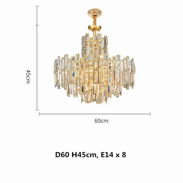 DecorBites crystal ceiling chandelier featuring gold-toned brass fixture and cascading clear crystal bars for modern decor