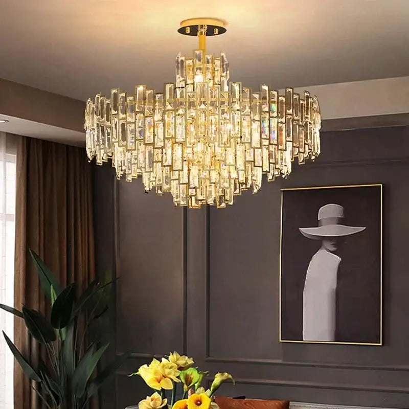Gold-finished decorbites crystal ceiling chandelier with cascading rectangular crystal prisms for modern home decor