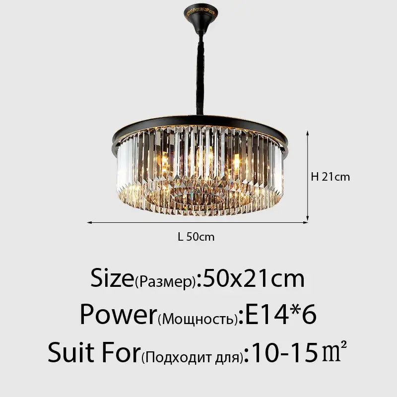 DecorBites crystal ceiling chandelier with black metal frame and clear crystal prisms for living dining room lighting