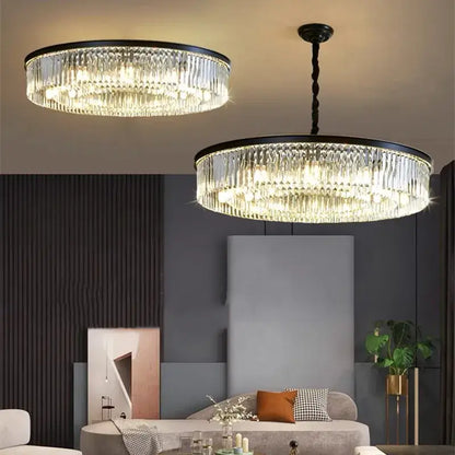 Two elegant decorbites crystal ceiling chandeliers with black metal frames and clear glass prisms for living room lighting
