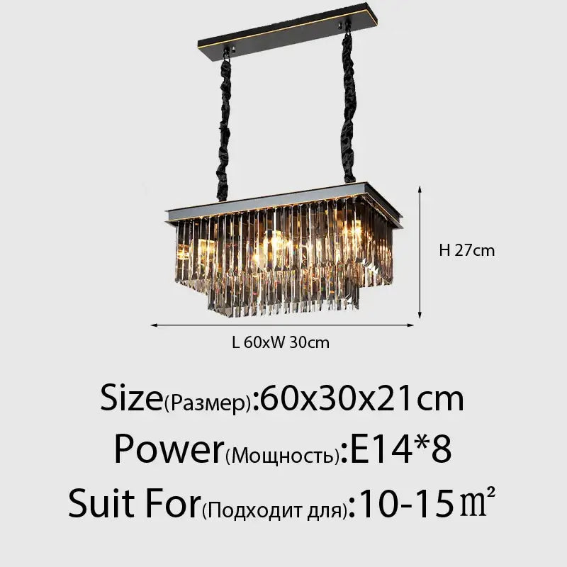 Decorbites crystal ceiling modern rectangular chandelier with black metal frame and cascading clear crystal prisms for living room
