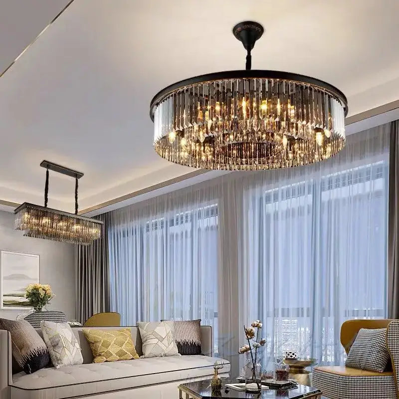 DecorBites crystal ceiling circular chandelier with black metal frame and cascading clear crystal prisms for living room