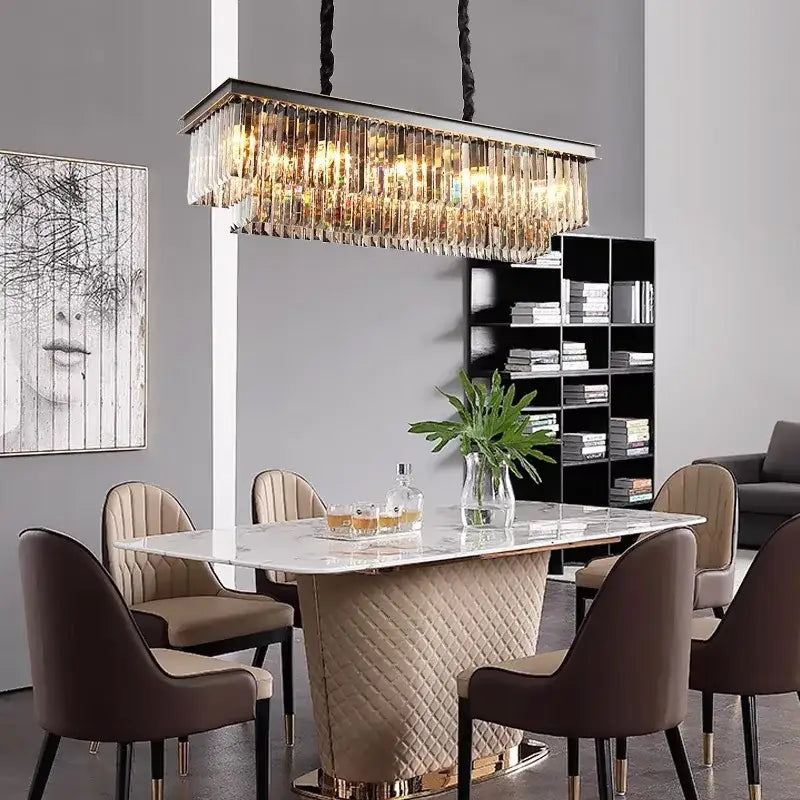 DecorBites crystal ceiling chandelier rectangular with cascading clear crystal prisms and sleek metallic frame for living room