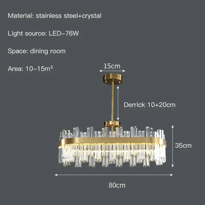 Gold-toned decorbites crystal ceiling chandelier with cascading clear crystal prisms on stainless steel frame for living rooms