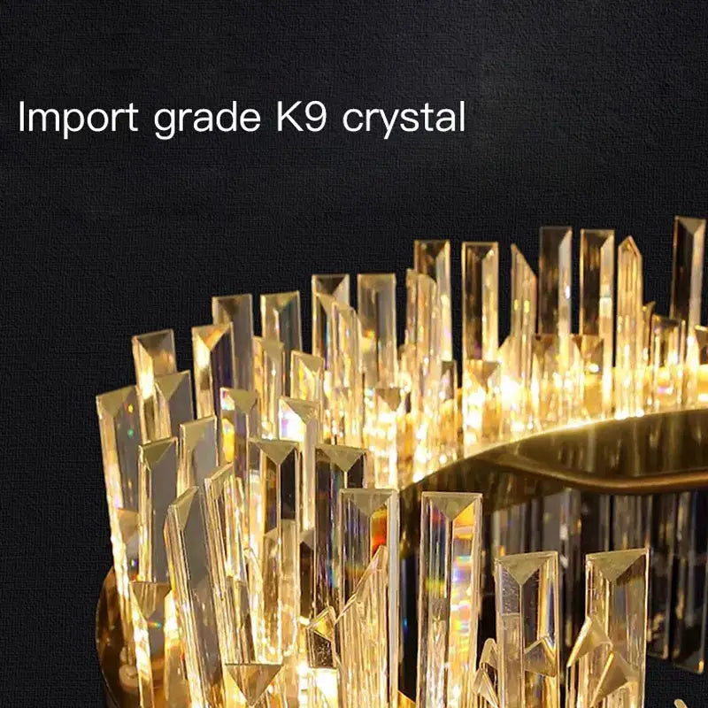 DecorBites crystal ceiling chandelier with gold-toned frame and tall faceted k9 crystal prisms for living rooms