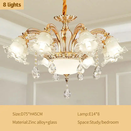 Gold-toned decorbites crystal ceiling chandelier with eight frosted glass lampshades and crystal teardrop pendants