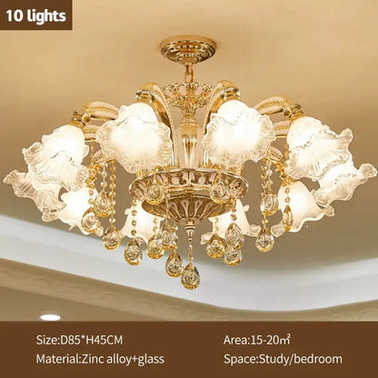 Gold-toned decorbites crystal ceiling chandelier with ten frosted glass flower shades and crystal teardrops for luxury spaces