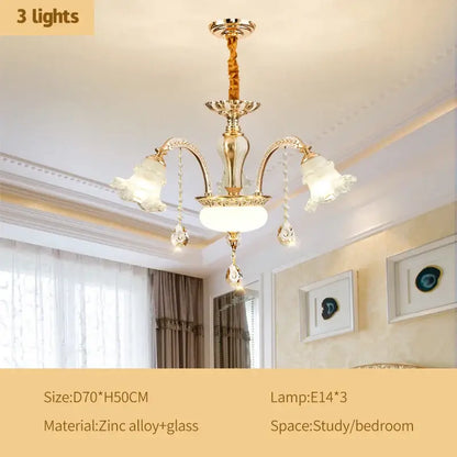 Gold-toned decorbites crystal ceiling chandelier with three frosted glass shades and crystal droplets in zinc alloy
