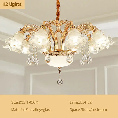 Gold-toned DecorBites crystal ceiling chandelier with twelve frosted flower-shaped shades and crystal teardrop accents