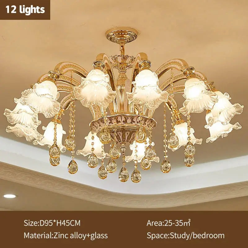 Gold-toned decorbites crystal ceiling chandelier with 12 frosted glass flower shades and crystal teardrop pendants