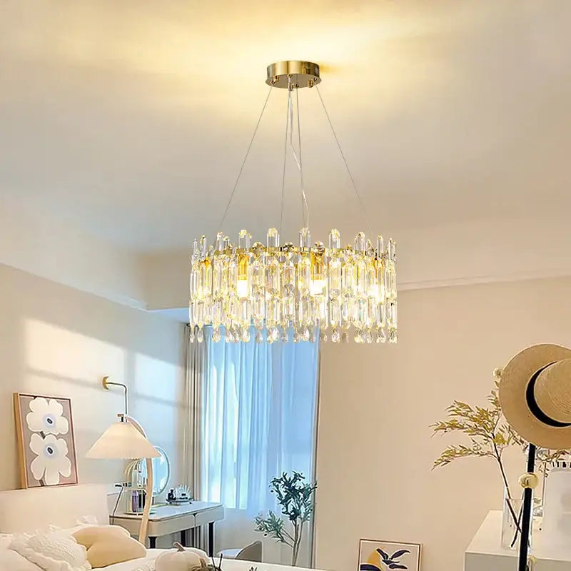 Decorbites crystal ceiling postmodern luxury chandelier with gold frame and clear glass prisms for indoor use