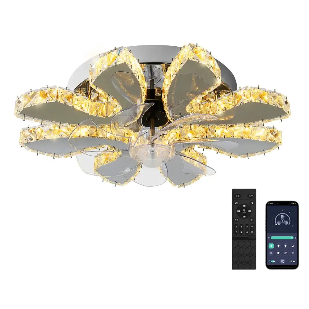 Gold crystal-encrusted flower-shaped crystal ceiling fan with sleek chrome base and transparent blades for bedroom use