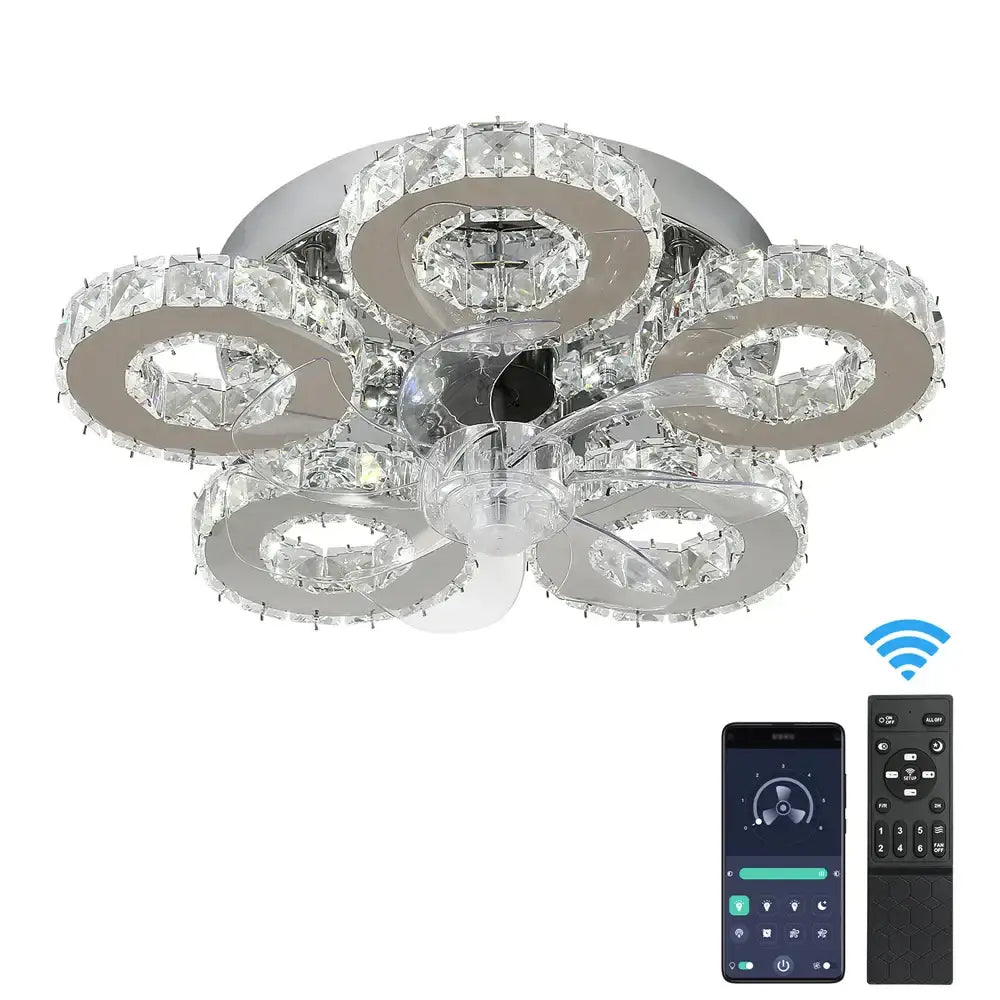 Chrome finished decorbites crystal ceiling fan with integrated crystal rings and central light for modern interiors