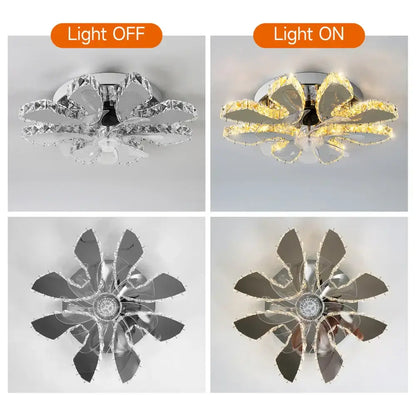 Decorbites™ crystal ceiling fan with flower-shaped chrome and crystal design emits warm yellow led light for bedroom and living room