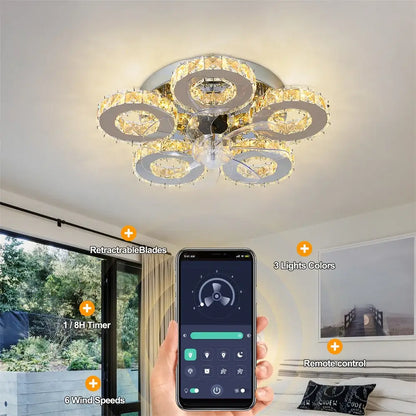 DecorBites crystal ceiling fan chandelier with chrome finish and crystal accents for bedroom and living room lighting