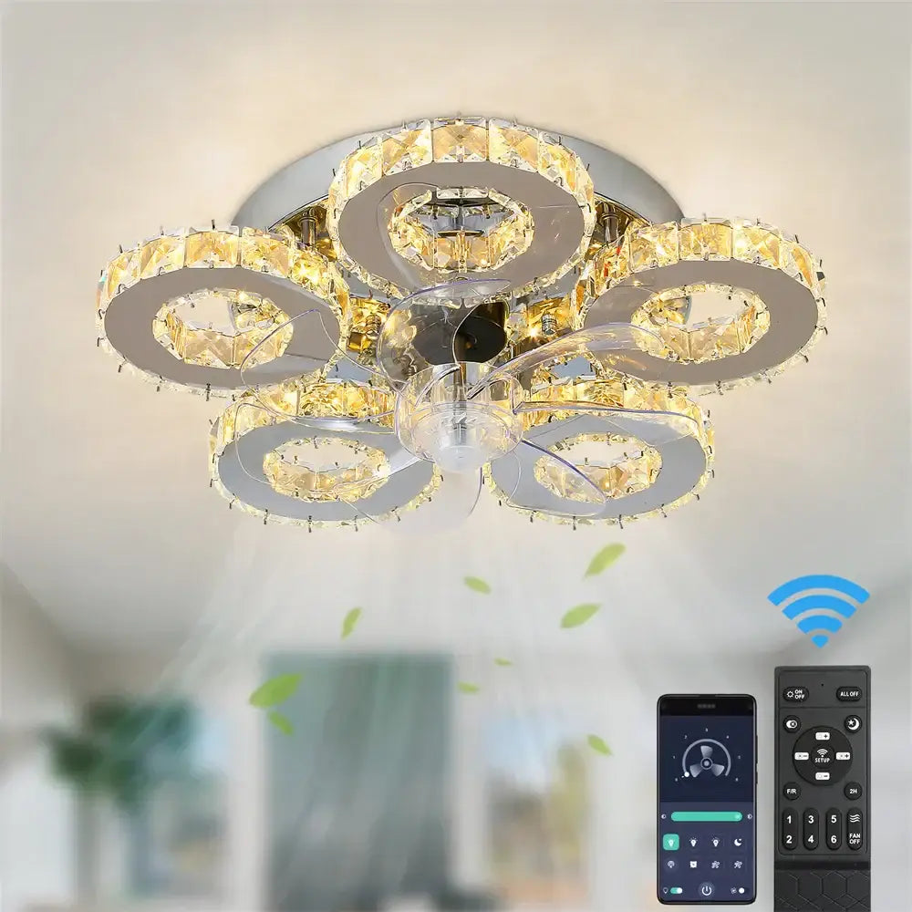 Decorbites™ crystal ceiling fan with five gold crystal-encrusted rings and integrated led lighting for bedroom and living room