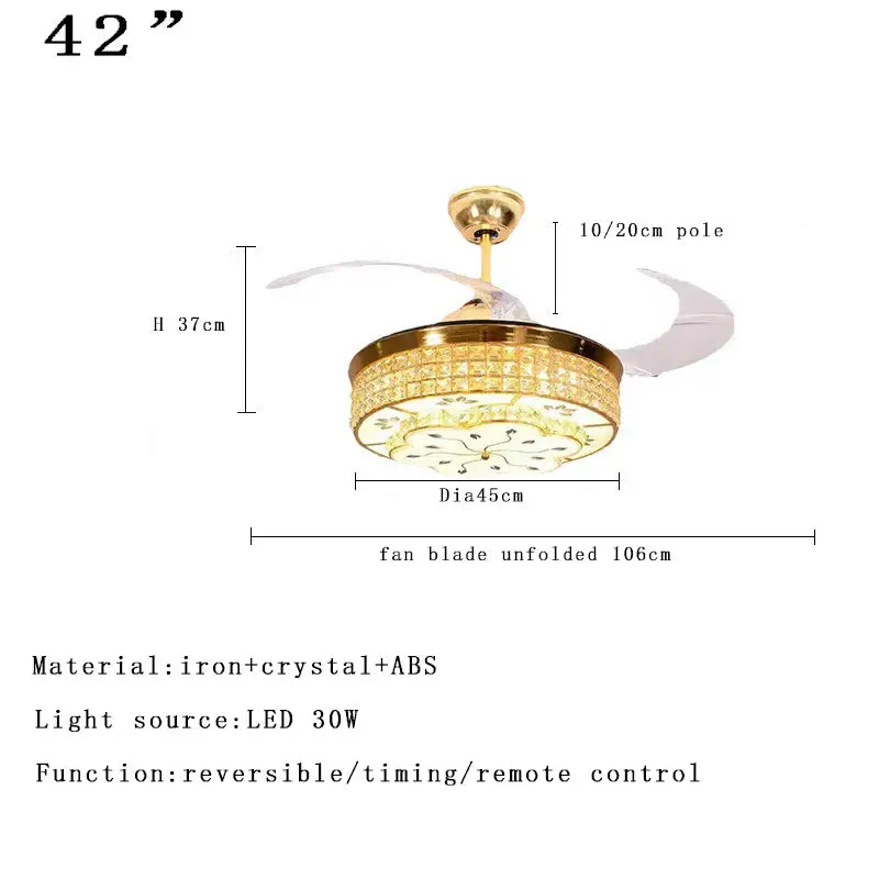 Gold-toned DecorBites crystal ceiling fan with crystal-encrusted light and translucent white blades for bedroom and living room