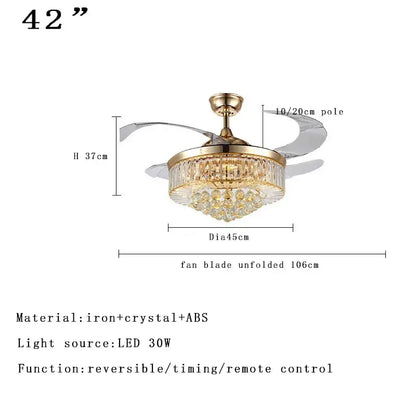 42-inch decorbites crystal ceiling fan with gold-toned iron frame clear crystal accents and translucent abs blades