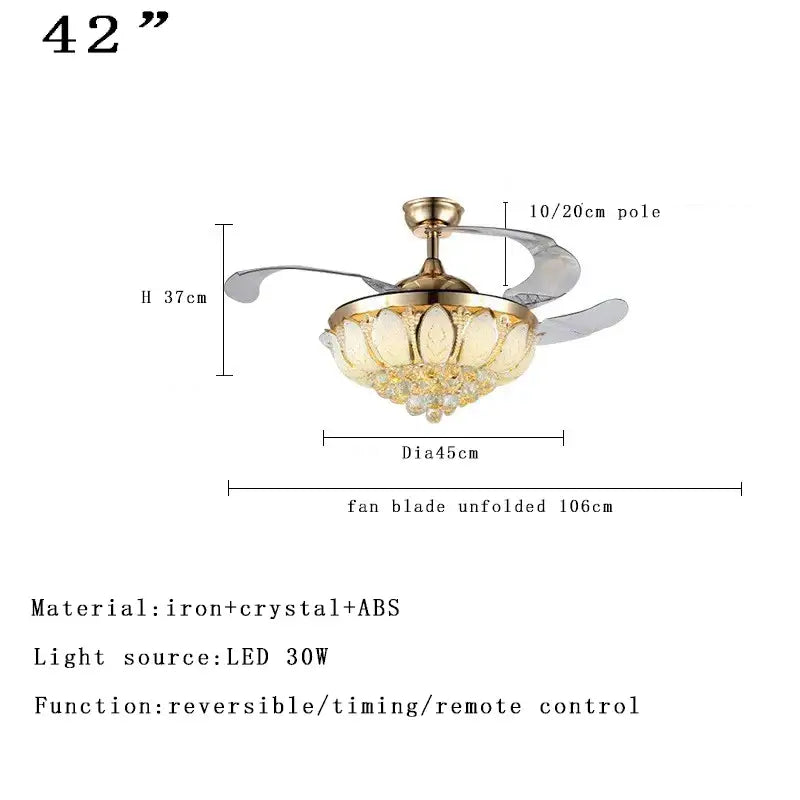 42-inch decorbites crystal ceiling fan with gold-toned iron frame, crystal chandelier light, and translucent abs blades