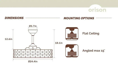 Decorbites crystal ceiling fan with orison brand brick-patterned rectangular base and slender stem for angled ceilings