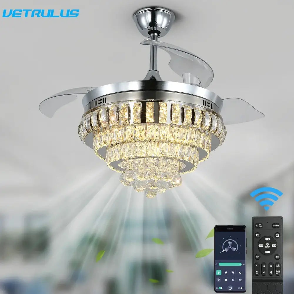 DecorBites crystal ceiling fan with remote control featuring four translucent blades and integrated crystal chandelier lighting