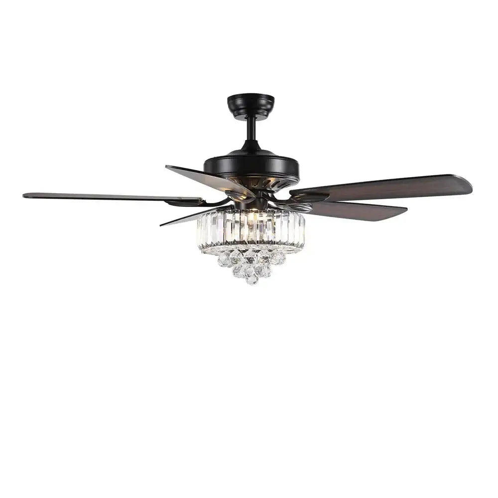 Black wrought iron DecorBites crystal ceiling fan with five dark wood blades and a 52 inch crystal chandelier light fixture