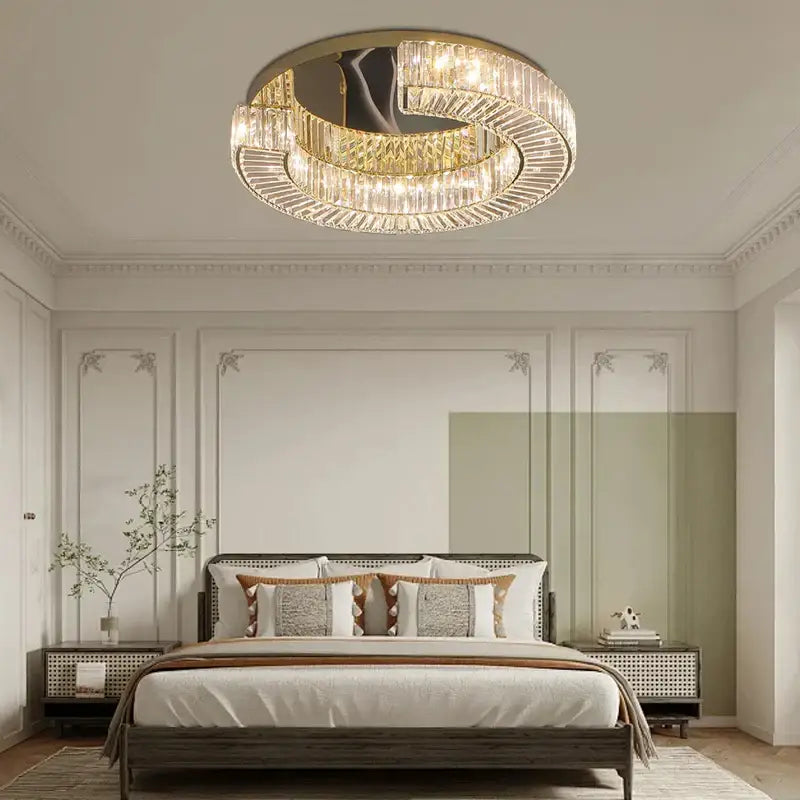 DecorBites™ crystal ceiling lamp with gold-toned metal frame and clear prisms luxury ceiling lamp for living room and bedroom