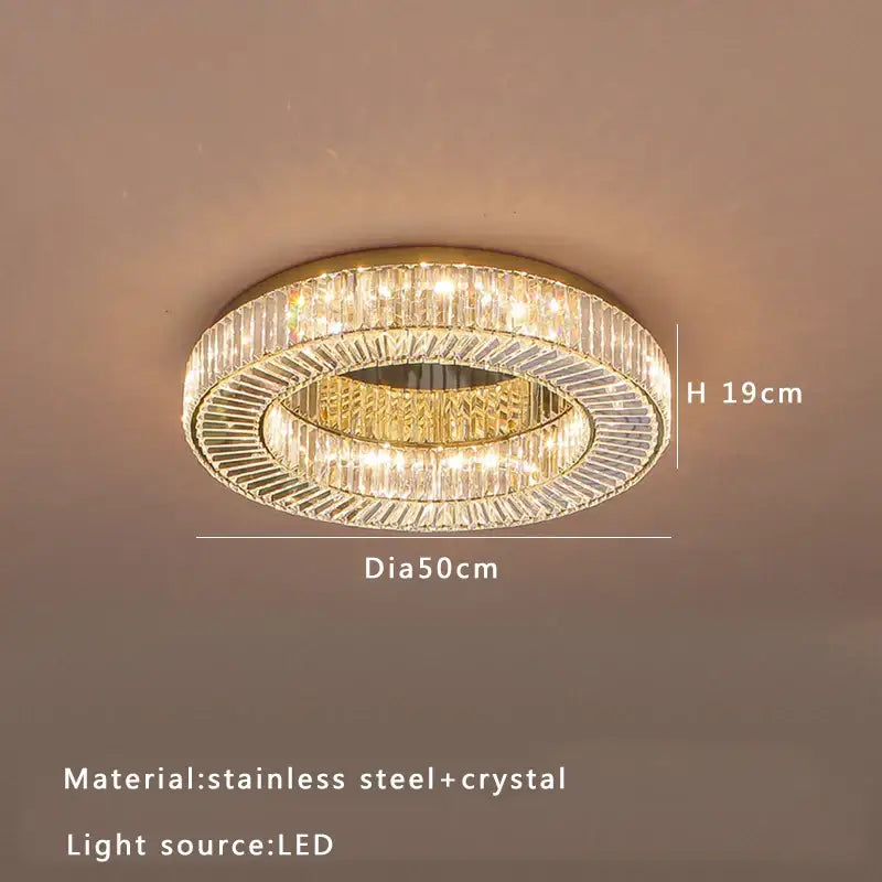 DecorBites crystal ceiling lamp with gold-toned stainless steel frame and clear crystals for living room and bedroom use