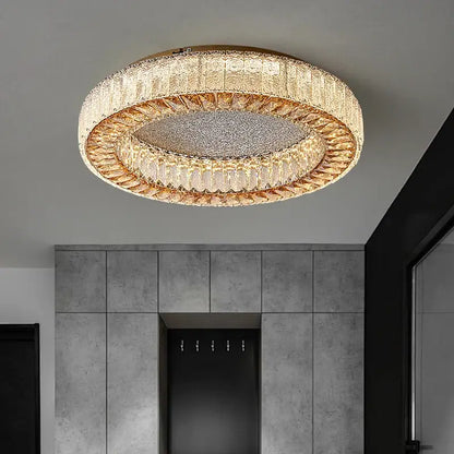 Gold-toned decorbites crystal ceiling lamp with layered crystal and textured glass rings for living room and bedroom