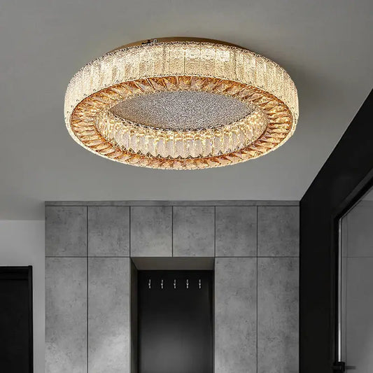Gold-toned decorbites crystal ceiling lamp with layered crystal and textured glass rings for living room and bedroom