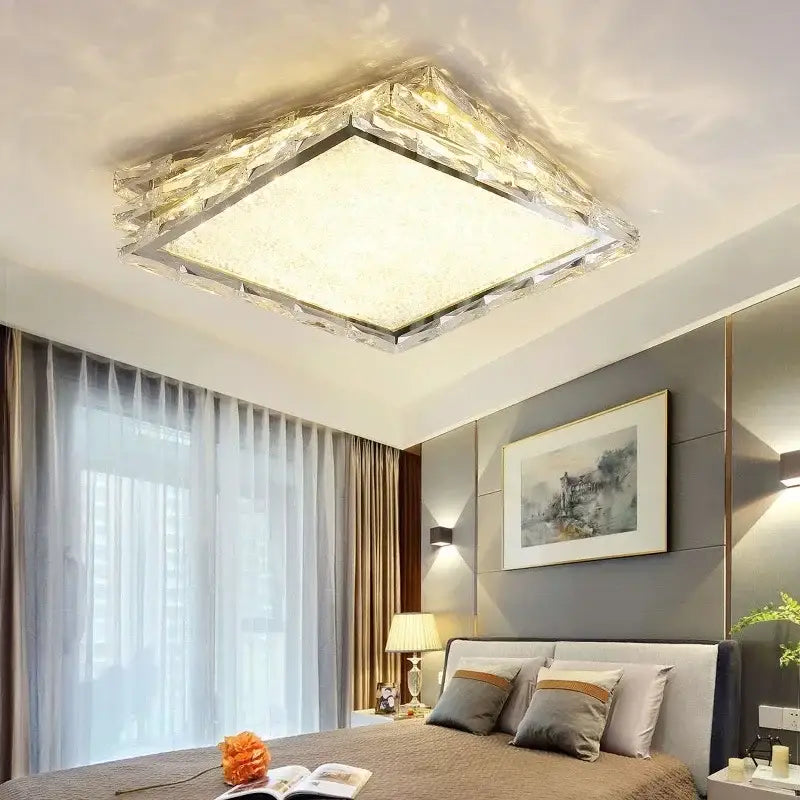 DecorBites crystal ceiling lamp with faceted gold frame and frosted glass center for modern indoor lighting