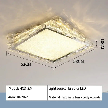 DecorBites crystal ceiling lamp with gold crystal-encrusted frame and frosted glass center featuring bi-color LED lighting