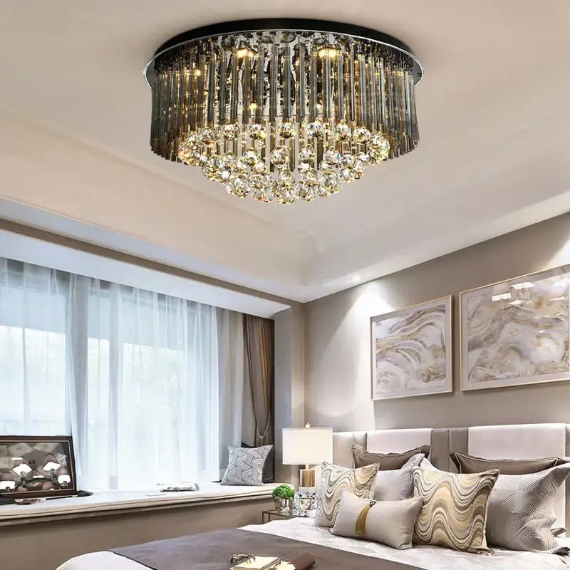 DecorBites crystal ceiling lamp with black frame and cascading clear gold glass prisms for modern luxury lighting